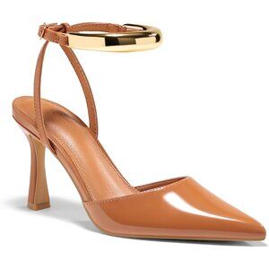 Coutgo Women's Brown Faux Leather Closed Pointed Toe Ankle Strap Heels Pumps